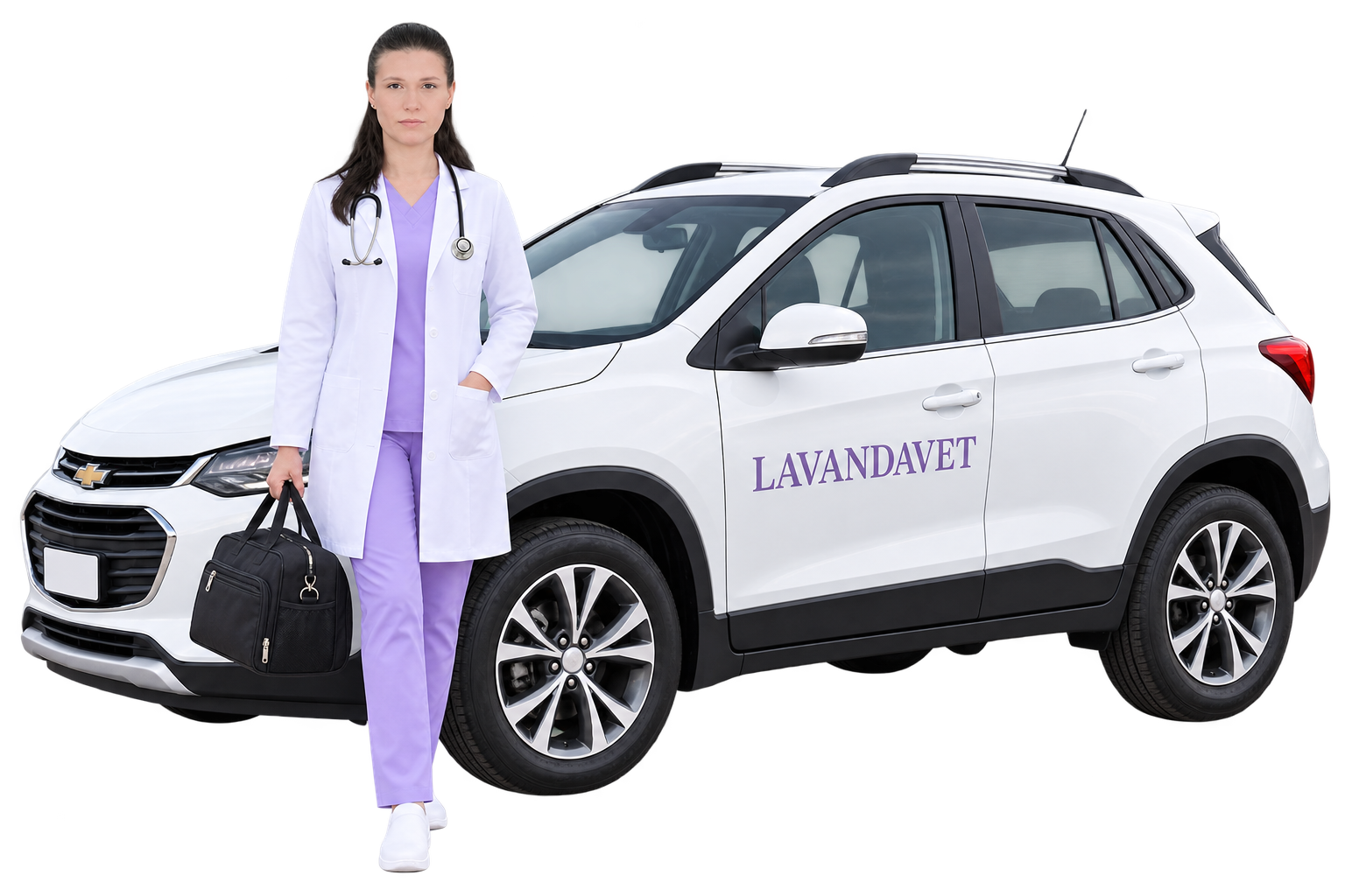 Ветеринар службы LavandaVet рядом с автомобилем выездной помощи